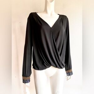 ASTR Beaded Studded Cuffs BLOUSE Semi-sheer BLACK Understated Edgy Top MEDIUM